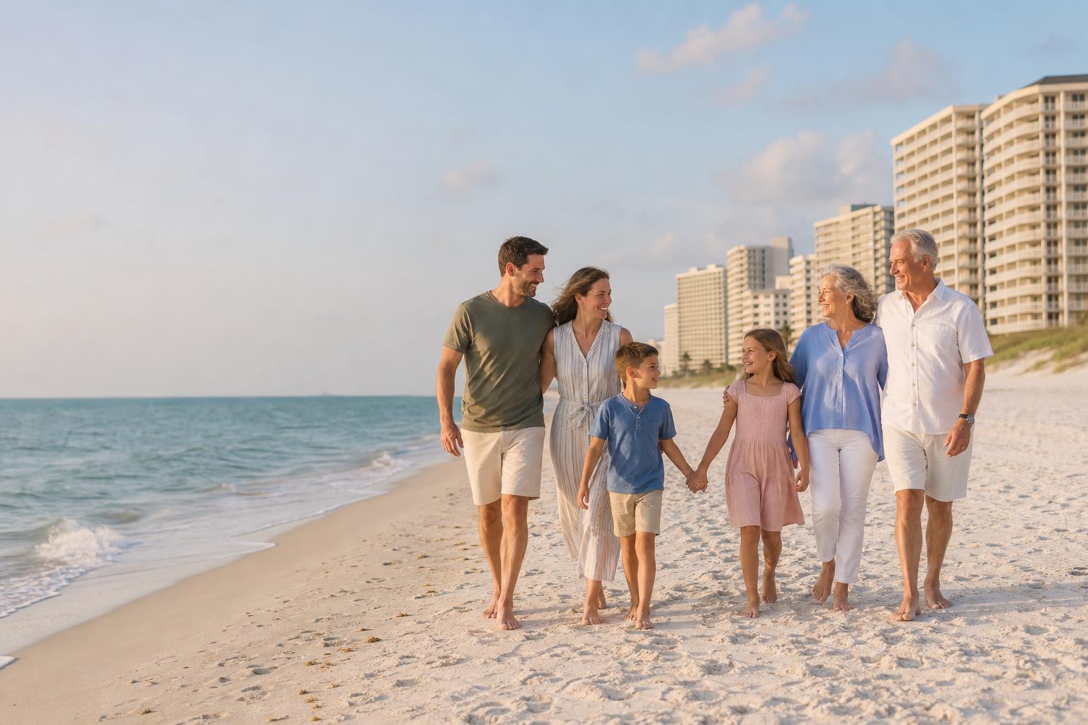 Multigenerational Gulf Coast family walking on the beach at golden hour