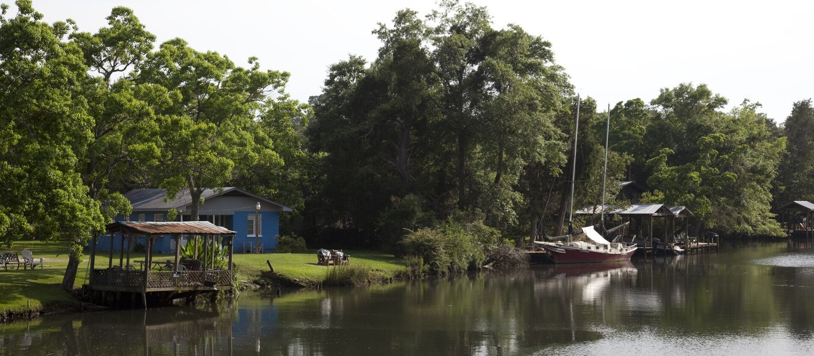 Quiet waterfront and pecan trees in rural Baldwin County, Alabama